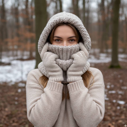 hæklet hættehue på en kvinde i en skov